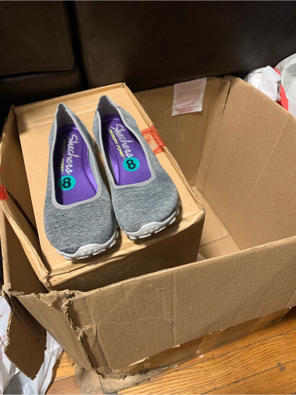 Skechers Gray Slip-On Knit Flats with Purple Insoles